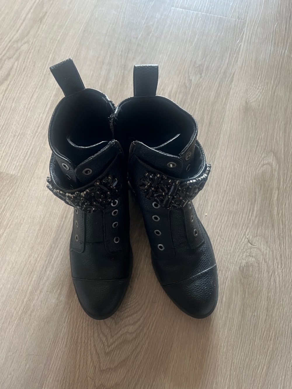 Karl Lagerfeld Black Embellished Leather Ankle Combat Boots